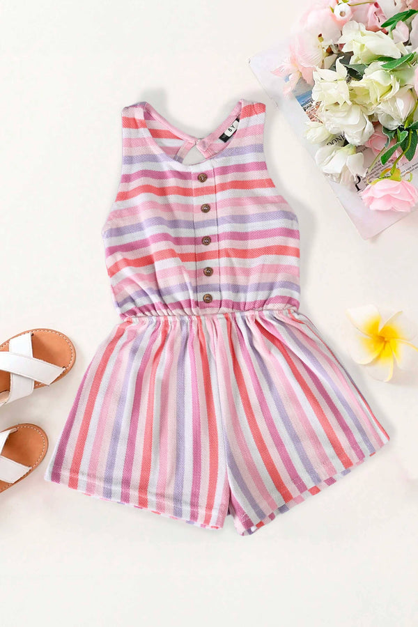Girl's Buttoned Style Rainbow Striped Premium Romper
